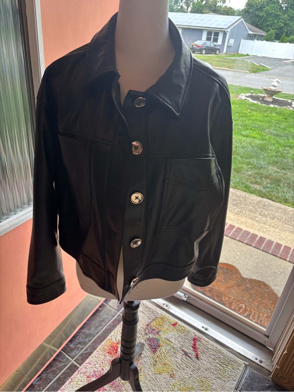 ZARA Black Faux Leather Button-Front Jacket - Women Sz L